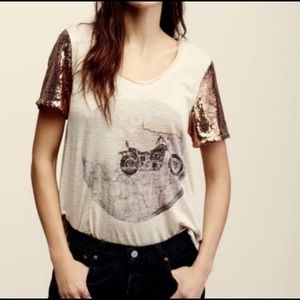 Free People Motorcycle Bronze Sequin Sleeve Tee